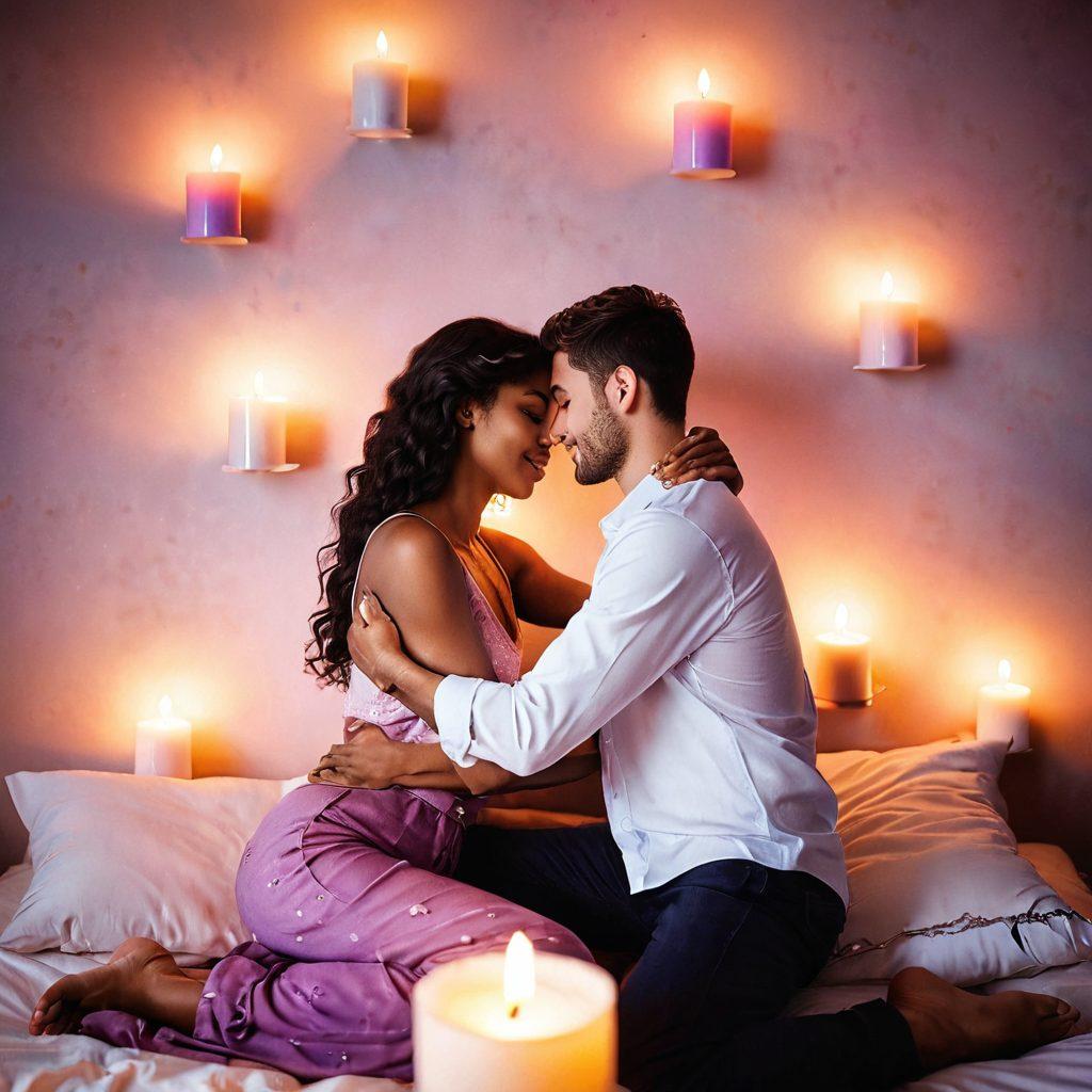 A serene couple embracing in a cozy, dimly lit room filled with candles and soft pillows, exuding warmth and intimacy. Surrounding them are subtle heart motifs and symbols of connection, representing passion and love. The background should have gentle hues of pink and purple to evoke a romantic atmosphere. The couple should be depicted as diverse and inclusive, symbolizing unity in intimacy. soft-focus. vibrant colors. romantic style.
