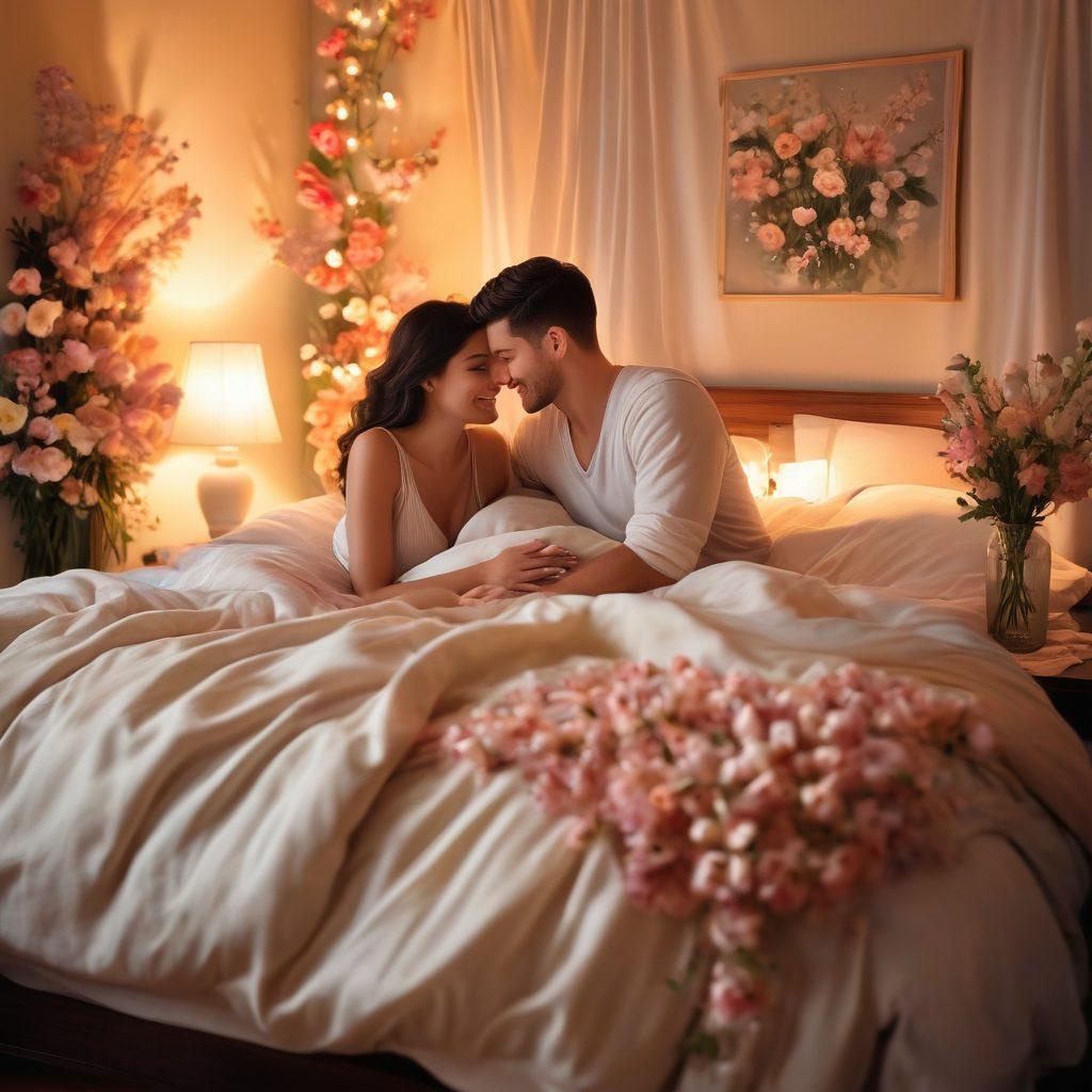 A cozy, intimate bedroom setting illuminated with soft candlelight, featuring a couple embracing and smiling, surrounded by blooming flowers and light draped fabric, symbolizing warmth and intimacy. The atmosphere should convey love and connection, adorned with tasteful art pieces that celebrate passion and relationships. super-realistic. soft pastel colors. warm glow.